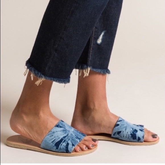 Ancient Greek Sandals Shoes - Ancient Greek Sandal Blue denim leather slides